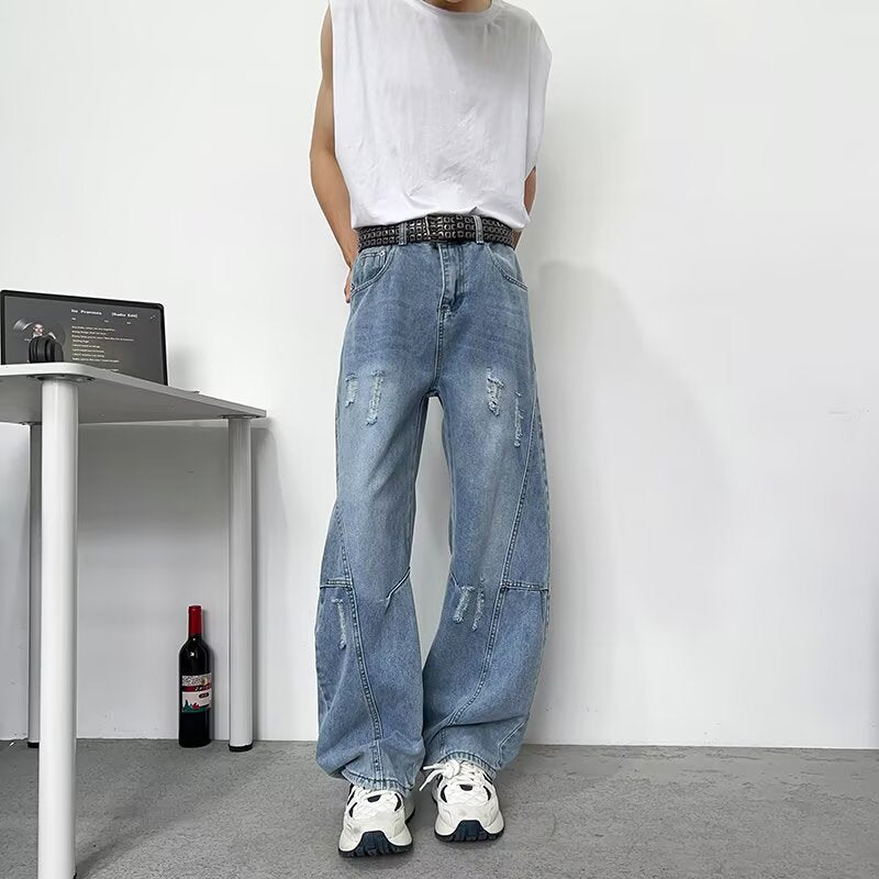 Bent Knife Piercing Cowboy Water Washed Casual Wide Leg Pants