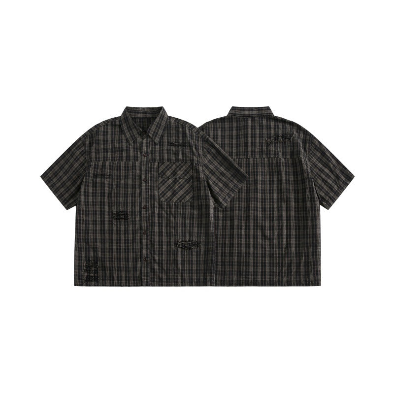 Patch Pocket Perforated Design Checkered Short Sleeved Shirt for Men