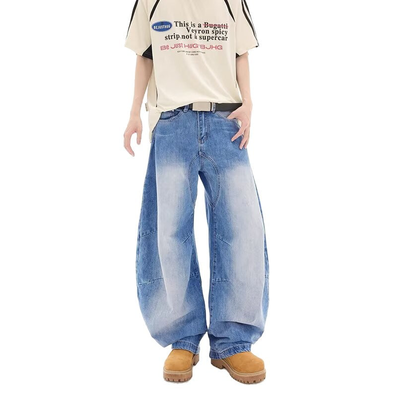 Retro Distressed Washed Denim Loose Straight Leg Pants