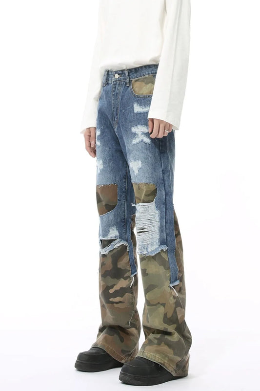 Distressed Camouflage Patchwork Jeans - Premium Japanese Denim