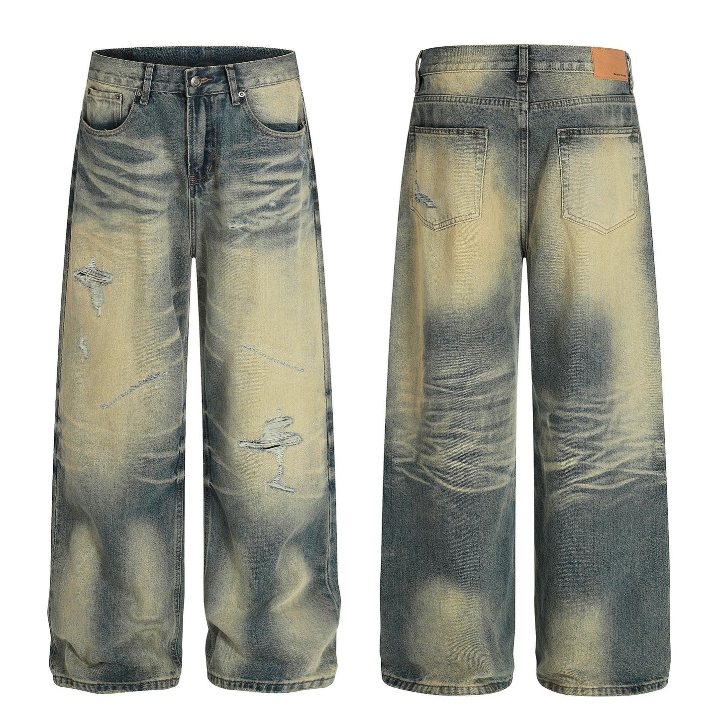 Unisex Vintage Blue Distressed Loose Fit Jeans