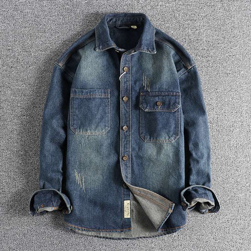 Sleeve Patchwork Vintage Washed Denim Shirt Loose Fit