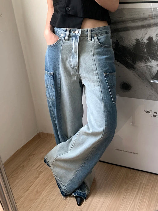High Waist Patchwork Denim Trousers for Women