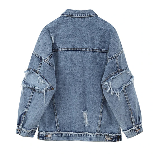 Women's Light Blue Denim Jacket with Frayed Details and Patchwork Design