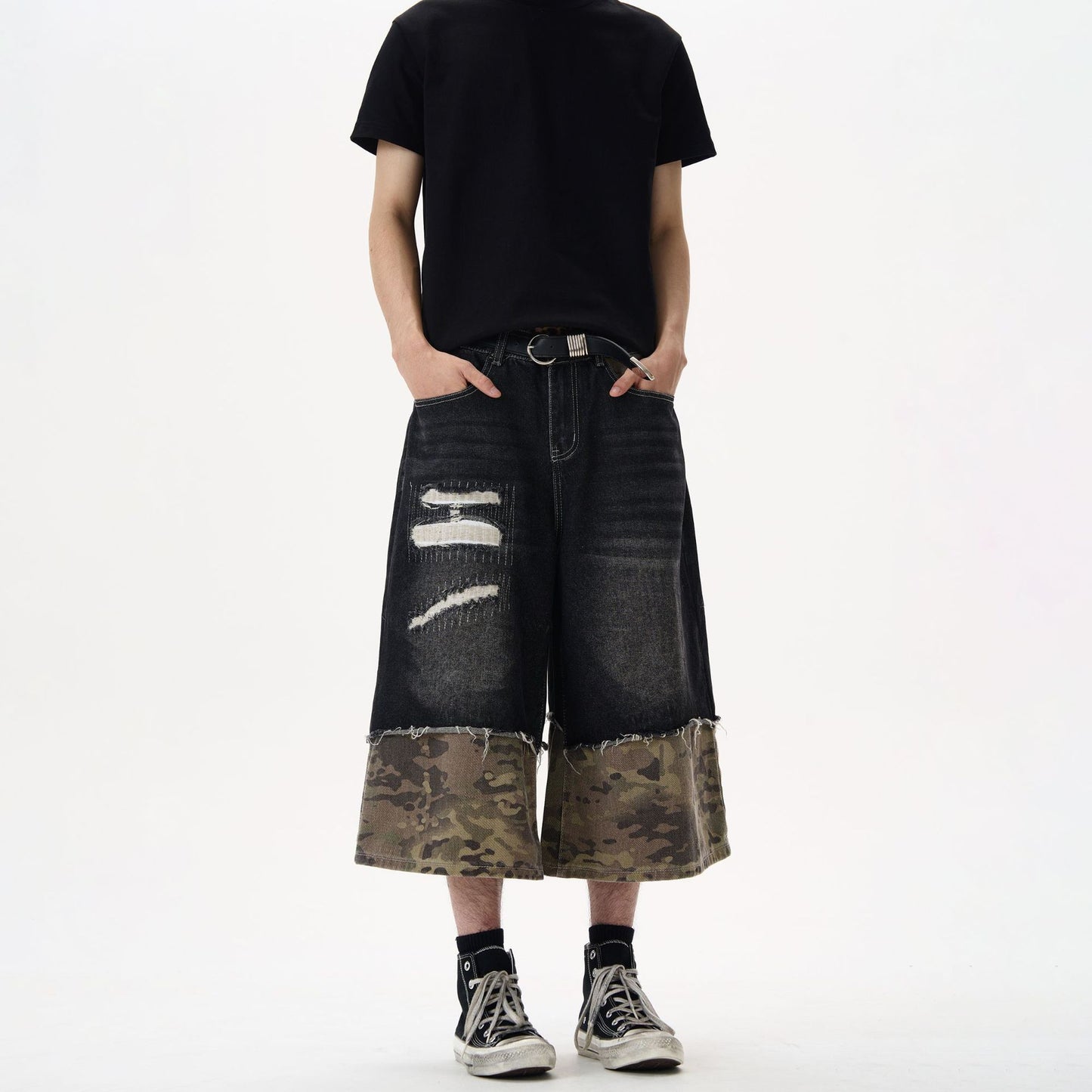 Black Denim Wide Leg Straight Leg Pants - 7 Inch