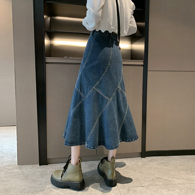High Waist A-Line Loose Midi Denim Skirt for Women