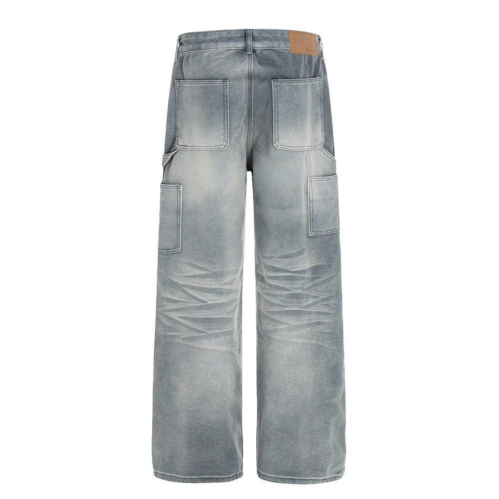 Vintage Men's Denim Pants, Bleached Multi-Pocket Straight Leg Loose Fit Design