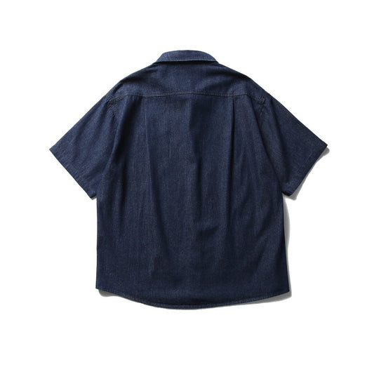 Loose-Fitting Denim Short-Sleeved Shirt with Patch Pocket Design