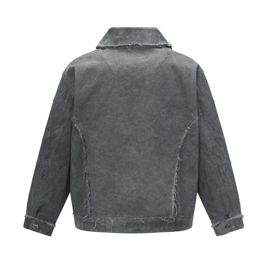 Washed Distressed Patchwork Whisker Collar Denim Jacket - Unisex Casual Outerwear