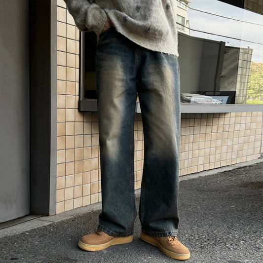 Vintage Washed Straight Leg Jeans for Men - Winter Clean Fit Warm Wide Leg Pants Outfit