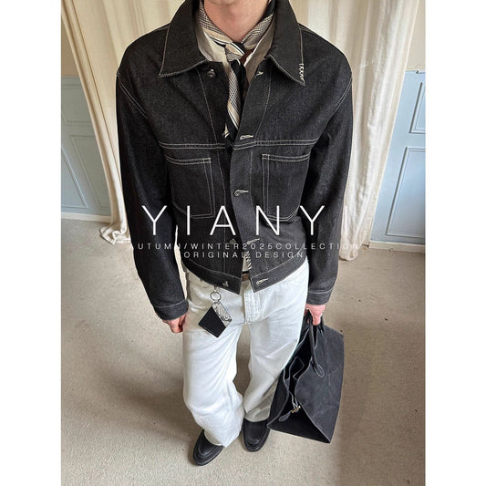 Short Wide Boxed Double Pocket Turn-Down Collar Denim Suit Jacket for Men and Women