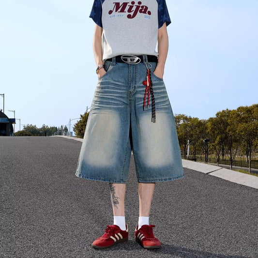 Distressed Wide Leg Denim Pants with Creases – Loose Fit