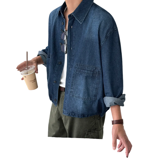 Casual Washed Denim Long Sleeve Shirt Men Loose Fit Commuter Retro Outfit