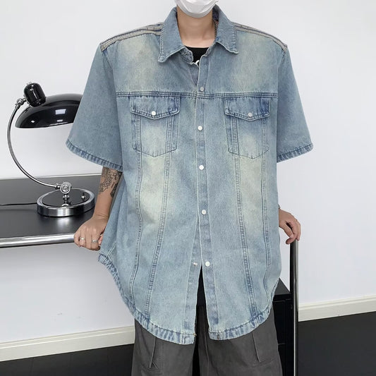 Washed Vintage Shoulder Padded Denim Shirt for Men