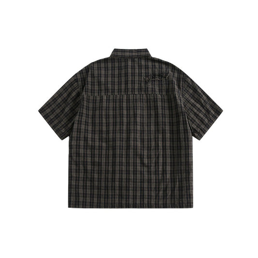 Patch Pocket Perforated Design Checkered Short Sleeved Shirt