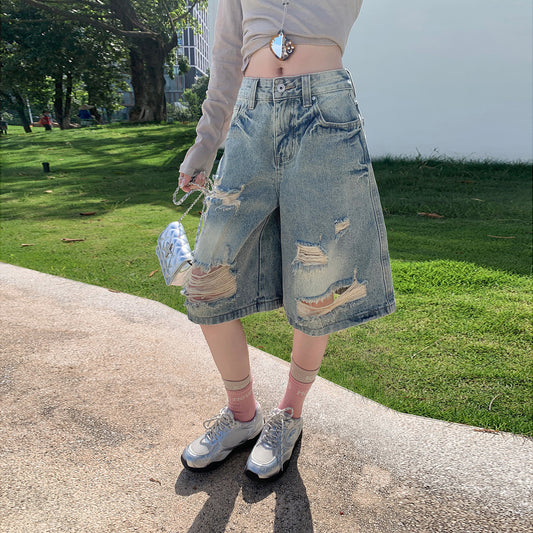 Retro High Waist Denim Shorts for Women - Loose Straight Leg Slim Fit