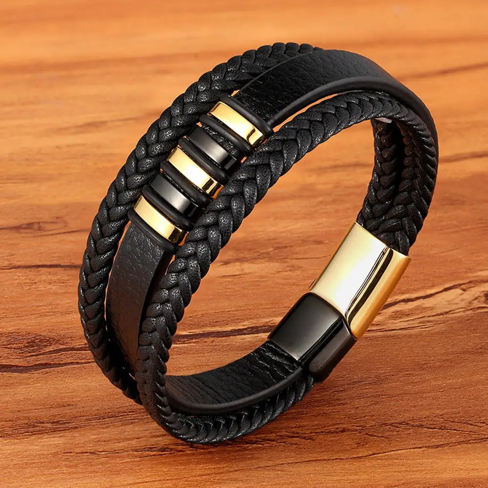 3 Layers Black Gold Punk Style Design Genuine Leather Bracelet