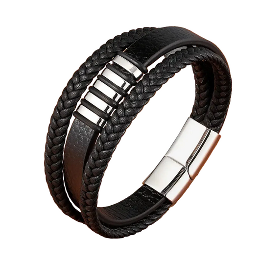 3 Layers Black Gold Punk Style Design Genuine Leather Bracelet