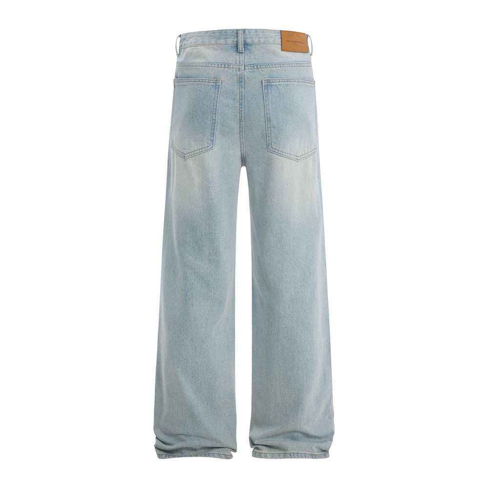Men's Straight Leg Jeans - Faded and Catwhisker Wash, Loose Fit Casual Denim Pants