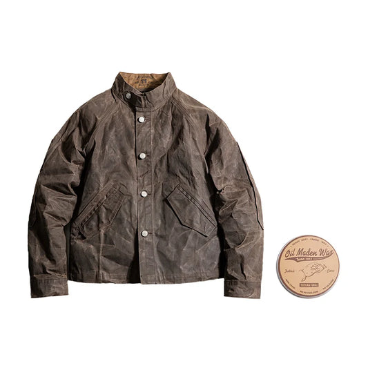Vintage Standing Collar Oil Waxed Jacket Version For Men - Waterproof