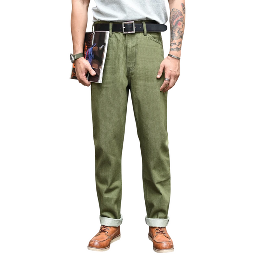 Men's Olive Green Selvedge Denim Jeans - Slim Fit 14 Oz