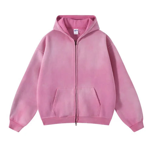 Distressed Tie Dye Gradient Zip Up Hoodie
