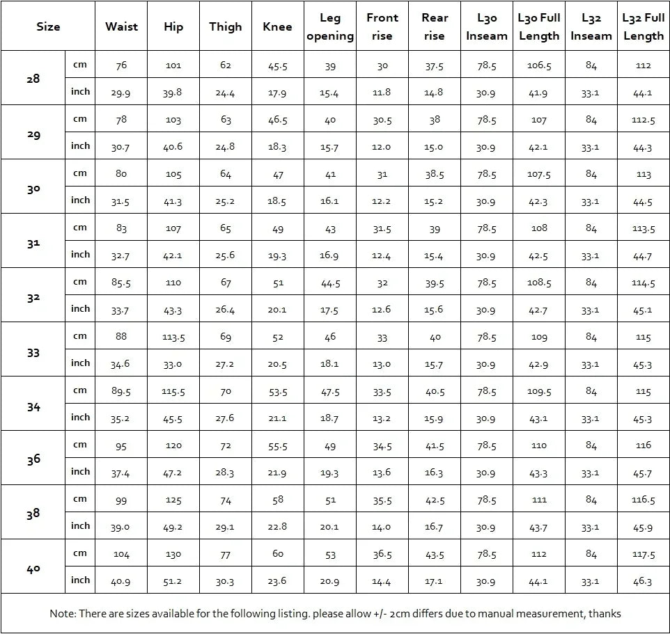 Men's size chart for pants: waist, hip, thigh, inseam measurements in cm and inches.