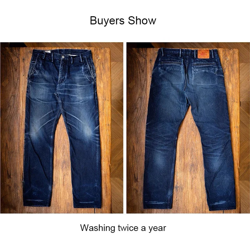 Men's dark blue denim jeans, regular fit, showing front and back views on a wooden surface.