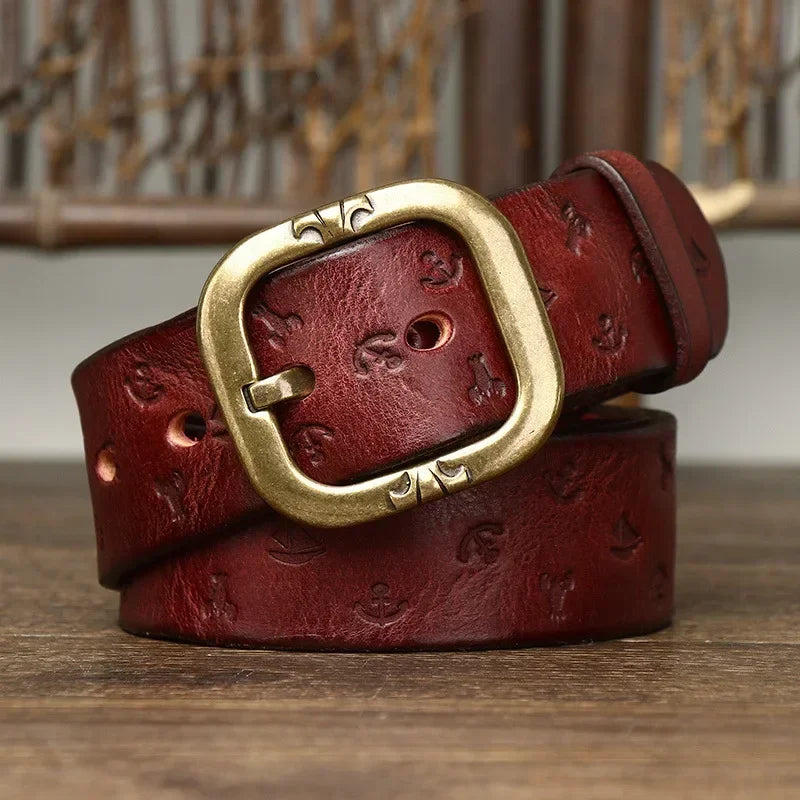 3.8cm Pure Cowhide Leather Belt For Men Embossed Copper Buckle