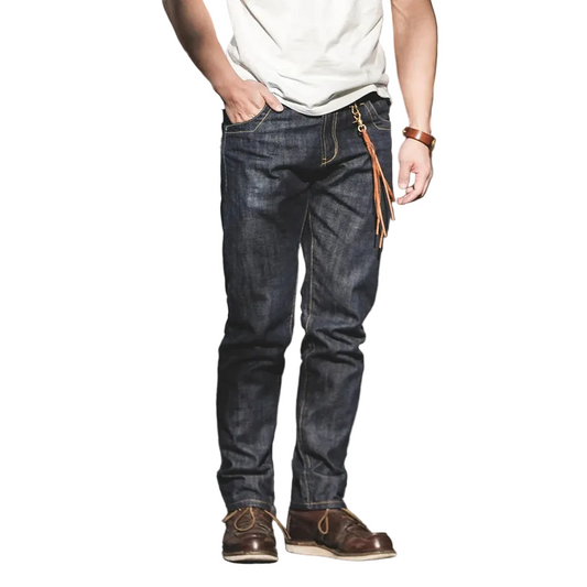 Vintage 14oz Selvedge Raw Denim Jeans Horsehair Leather Patch Straight Fit Jeans Men