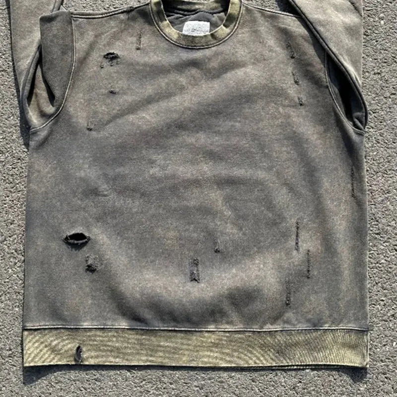 Vintage Punk Pullover Hoodie Ripped Hole Pure Cotton Washed Retro Sweatshirt