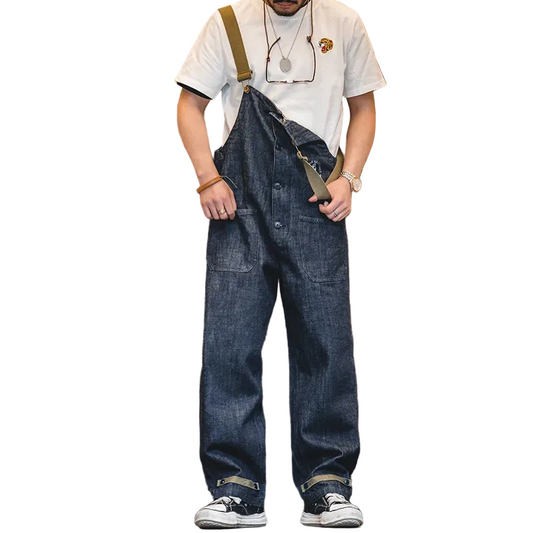 Men's Navy Blue Denim Overalls - Baggy Fit 100% Cotton Wide Leg