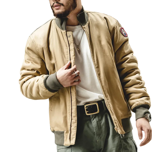 Men's Brown Flight Bomber Jacket Vintage Aviator Slim Fit Patches Stand Collar