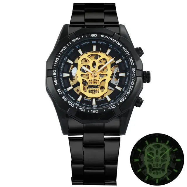Mechanical Watch for Men - Skull Design with Golden Stainless Steel Strap - Skeleton Watch