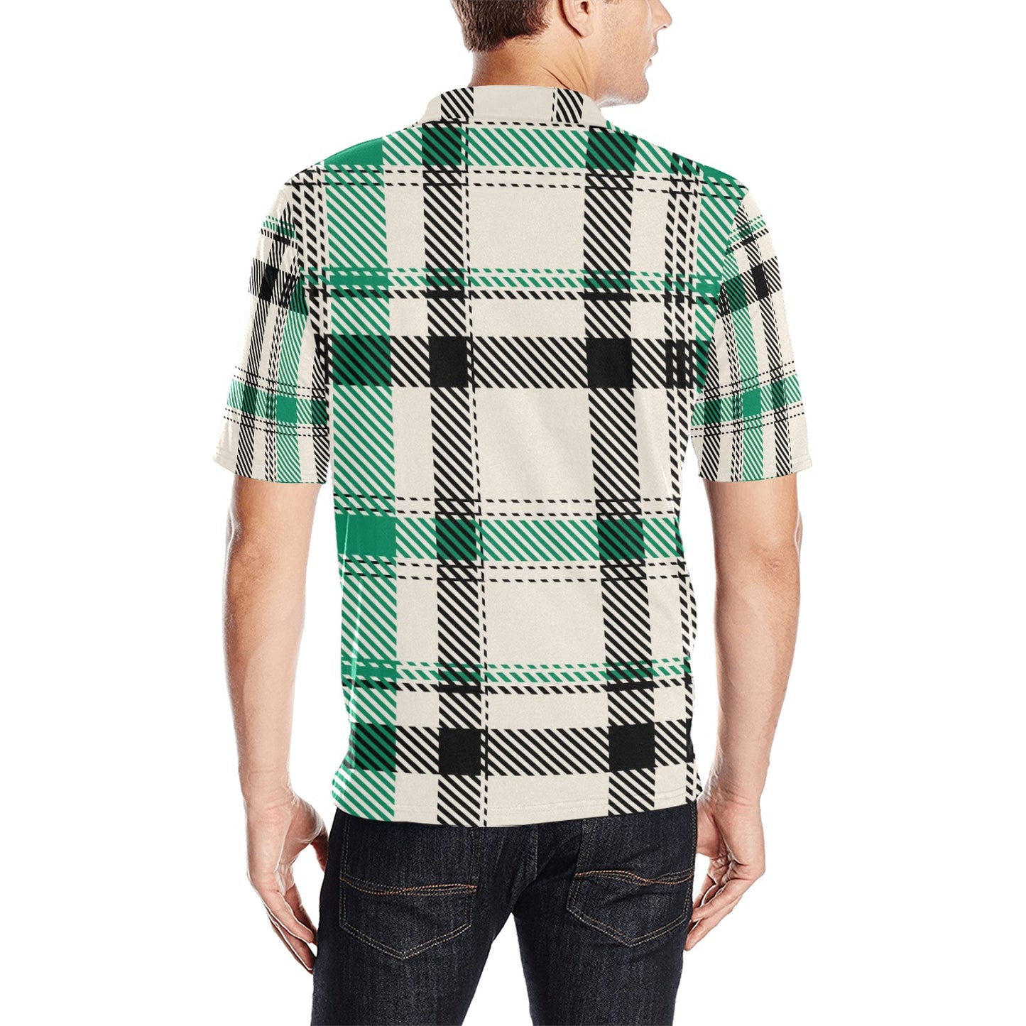Green/Beige Plaid Men's All Over Print Polo Shirt