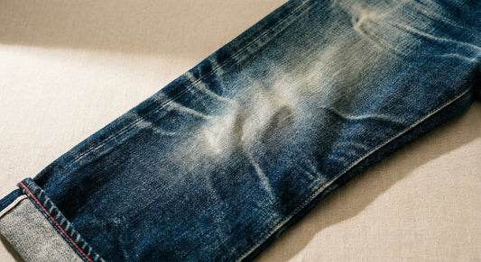 Close-up of raw selvedge denim fabric showing dramatic fade patterns including whiskers and honeycombs, with deep indigo tones fading to pale abrasion points under raking light.