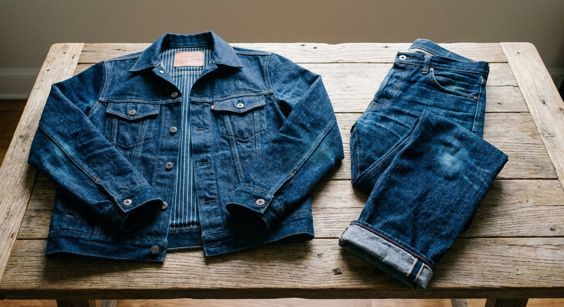 A flat lay of a Japanese selvedge denim jacket and raw denim jeans arranged on a weathered wood surface, showcasing rich indigo tones, selvedge edges, and natural fade details.