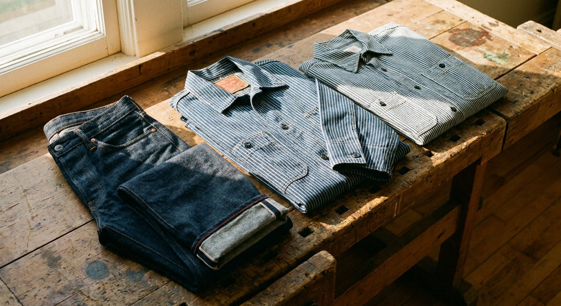 A flat lay of raw indigo selvedge denim jeans alongside a Wabash stripe chore coat and hickory stripe shirt arranged on a weathered wooden surface in warm natural light.