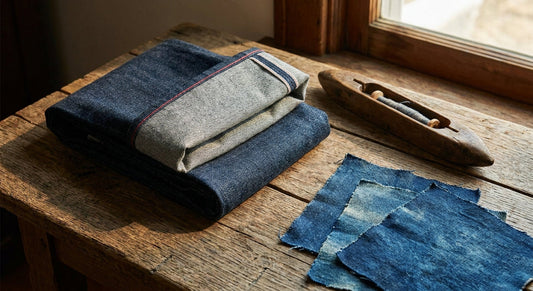 Close-up of folded Japanese selvedge denim fabric with a red selvedge edge, resting beside a vintage wooden shuttle and indigo cloth swatches on a weathered oak surface.