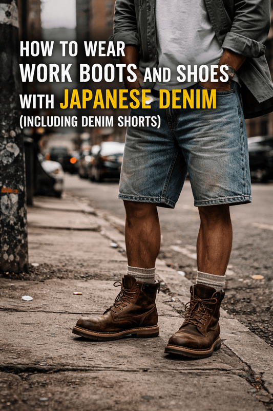workwear boots with japanese denim shorts