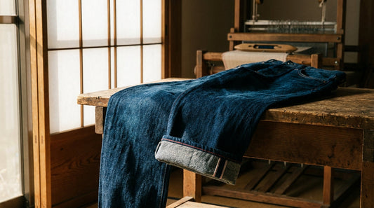 A pair of deep indigo selvedge denim jeans resting on a wooden workbench in a warmly lit Japanese workshop, with a vintage shuttle loom visible in the background.