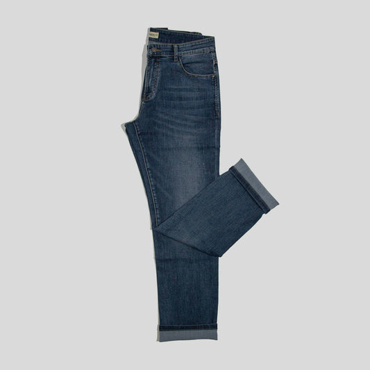 a pair of dark blue jeans on a white background