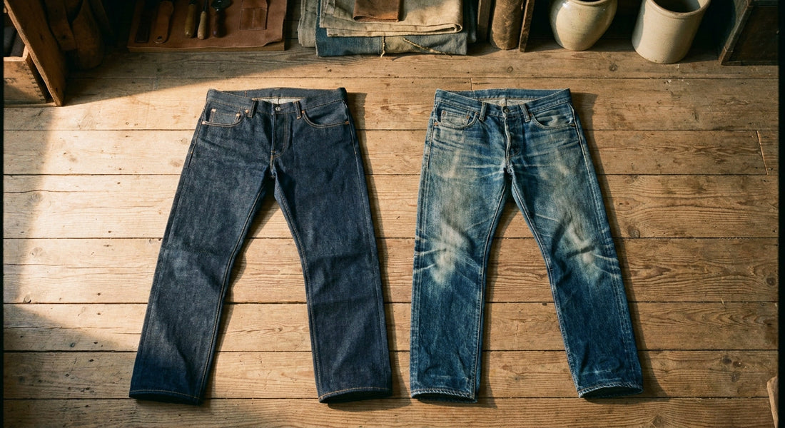 Two pairs of jeans laid side by side on a wooden surface, one in stiff deep indigo raw denim and the other in softly faded washed selvedge, illuminated by warm natural light that highlights their contrasting textures.