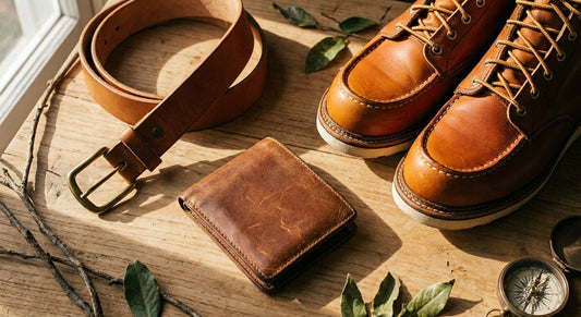 A flat lay of heritage accessories including a veg-tan leather belt, full-grain leather wallet, and moc toe boots arranged on a raw wooden surface with warm natural lighting.