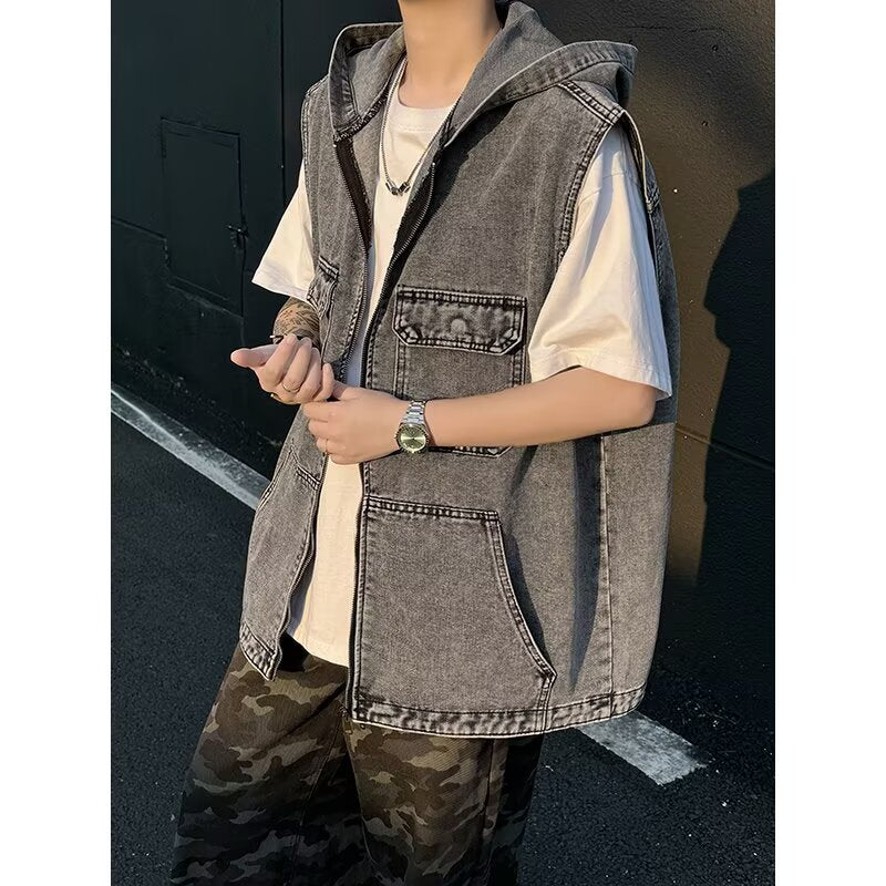 Hooded Denim Retro Loose Zipper Sleeveless Vest Jacket