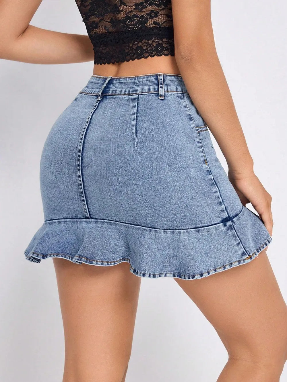 Luxury Japanese Denim Mini Skirt with Ruffled Hem