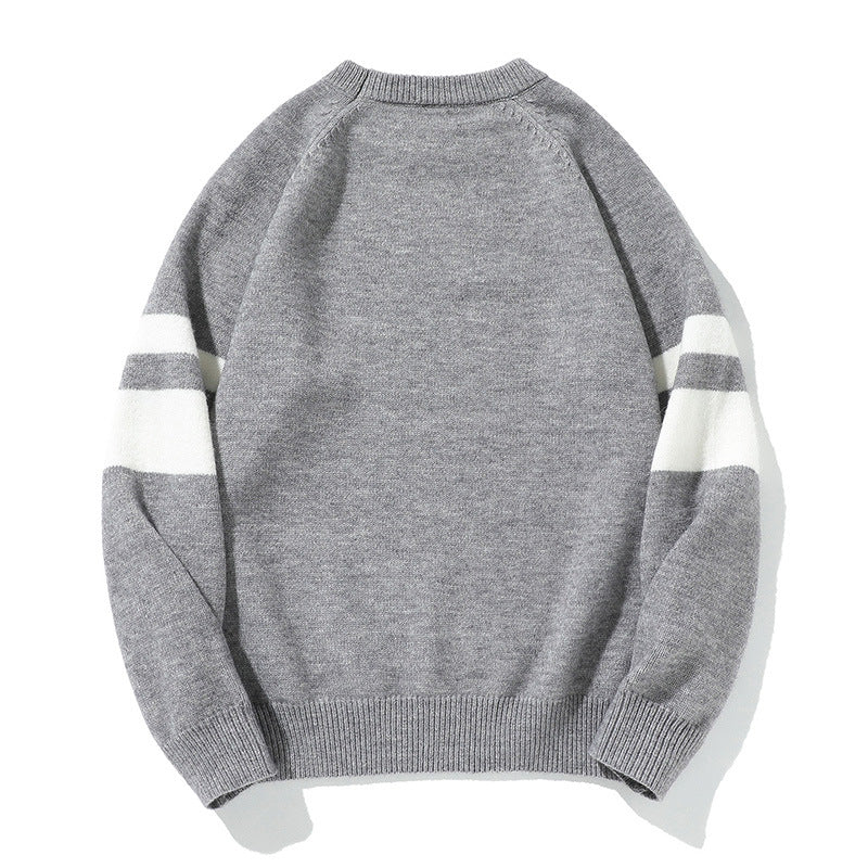 Color-Block Jacquard Round Neck Pullover Sweater for Men - Japanese Loose Retro Knitwear