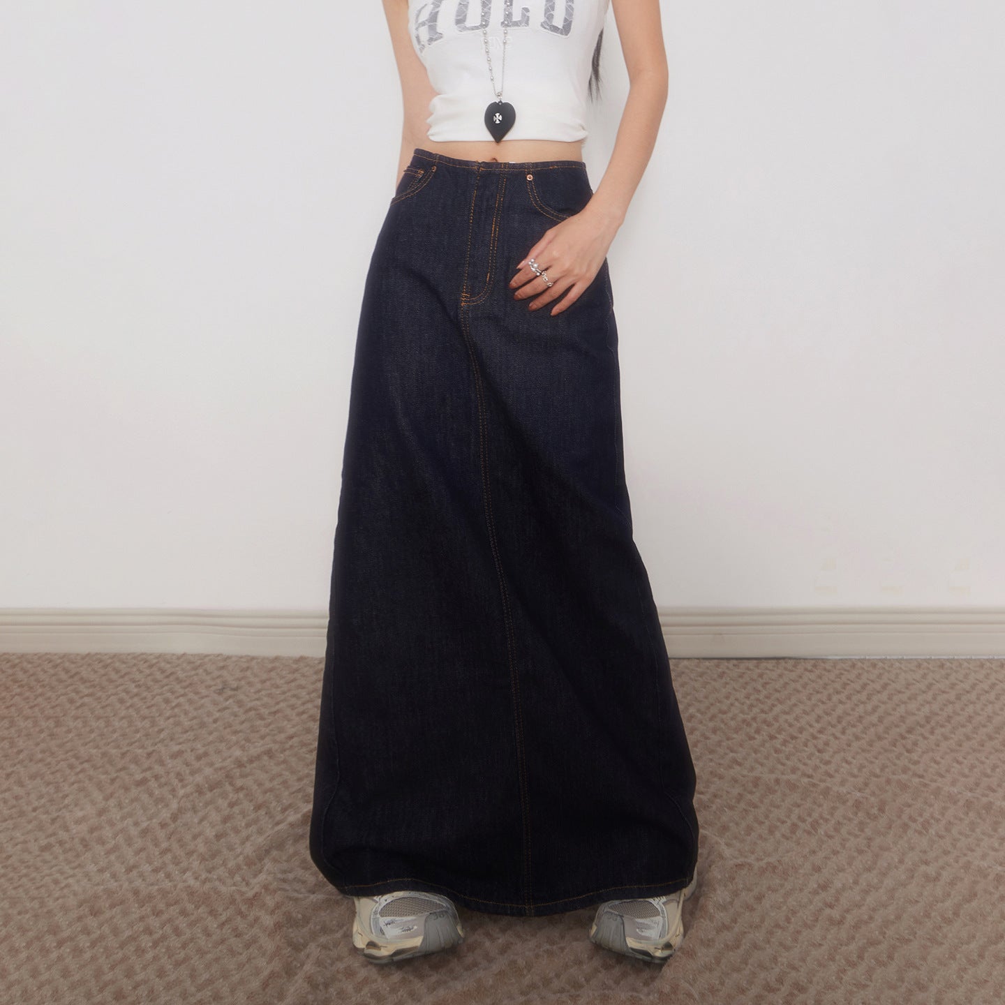 Tall Women's Dark Blue Denim Midi Skirt - Retro High Waist Straight Tube Skirt