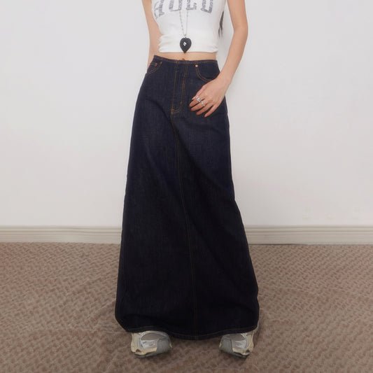 Tall Women's Dark Blue Denim Midi Skirt - Retro High Waist Straight Tube Skirt