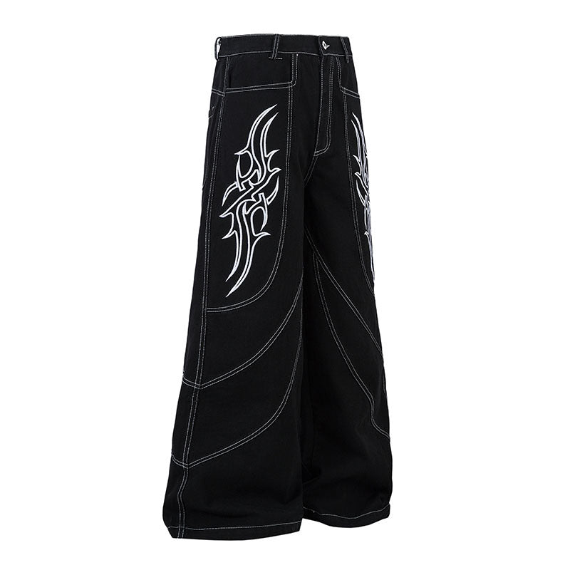 Wide Leg Long Pants with Thorns Embroidery - Unisex  Denim